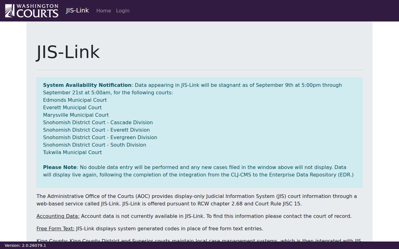 JIS-Link subscription access page for Washington court information